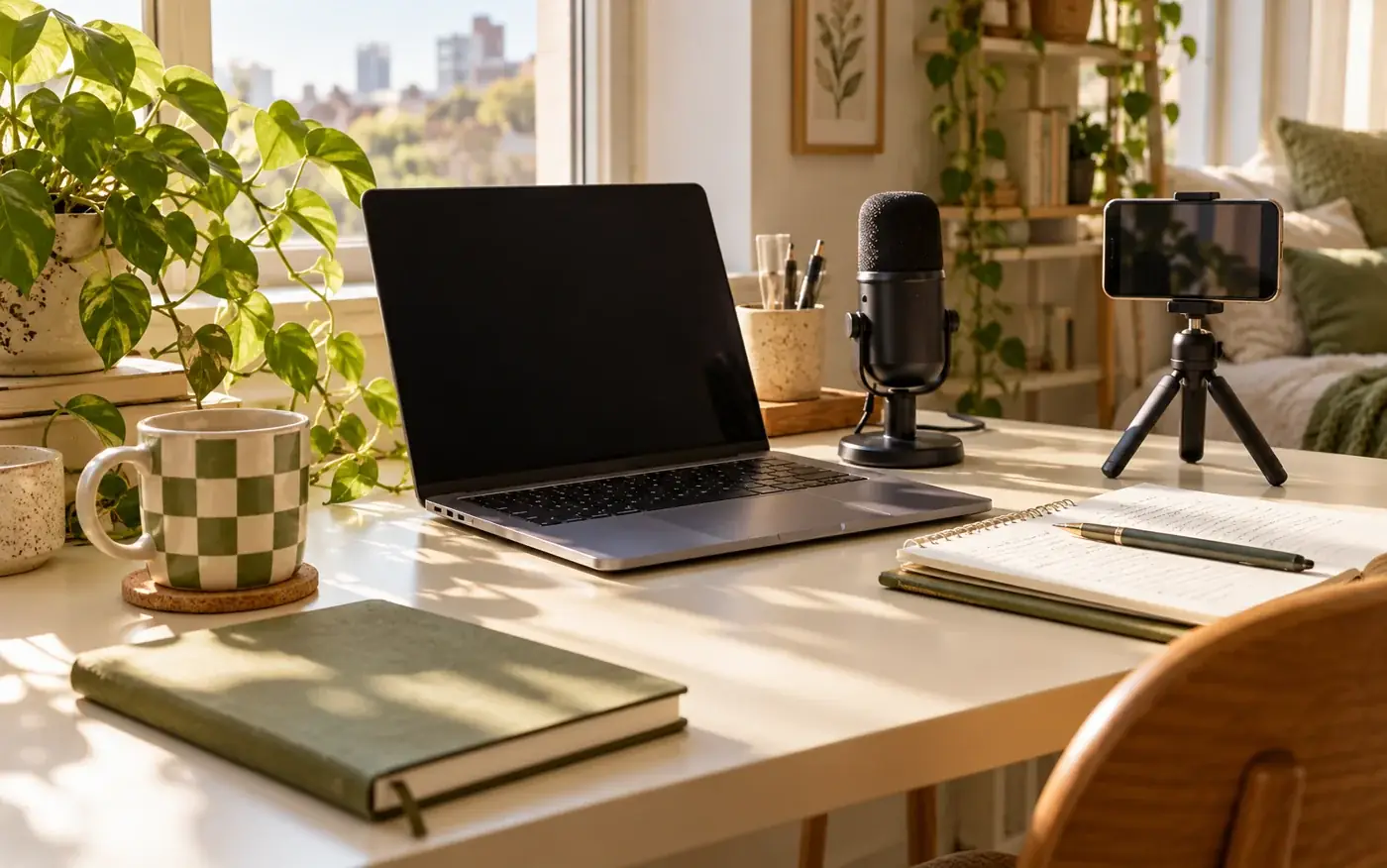 A bright workspace with a laptop, microphone, and phone stand